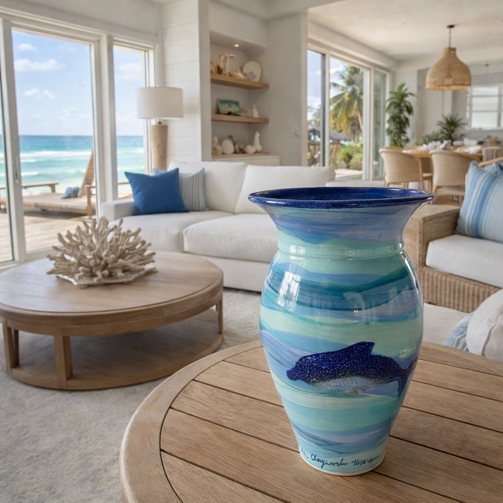 Signed Bermuda Clayworks Dolphins‎ Blue Ombre Vase 9" Hand Painted Beach READ